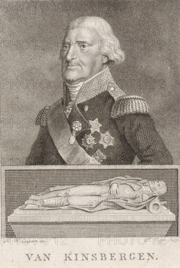 Portrait of Jonkheer Johan Hendrik van Kinsbergen and tomb, print, Portrait of Lieutenant Admiral Johan Hendrik van Kinsbergen. Below the portrait is his tomb., printmaker: Philippus Velijn, Netherlands, after drawing by Hendrik Willem Caspari, 1819 - 1836, paper, etching, height 87 mm x width 65 mm, Person, Jonkheer Jan Hendrik van Kinsbergen, piece of sculpture, reproduction of a piece of sculpture, gravestone, tombstone, A detailed engraved portrait shows an older man in a formal military coat with epaulettes and a high collar, wearing a sash across his chest and several ornate medals pinned to his jacket; his hair is light and styled in short waves, his expression neutral as he faces slightly to the side, and the background is filled with fine stippled texture. Below the bust, a rectangular panel contains an engraved recumbent figure draped in flowing fabric lying on a raised plinth, with a rolled decorative element at the foot of the plinth and a patterned field behind the figure.