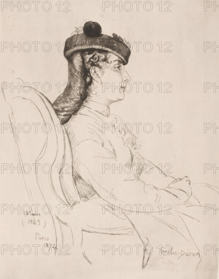 Sitting woman with headdress, print, printmaker: Emile Auguste Carolus-Duran, France, 1874, paper, etching, drypoint, intaglio printmaking technique, height 260 mm x width 199 mm, head-gear: hat, sitting figure - AA - female human figure, Venice, Period, 1863, A pen and ink profile drawing of a seated woman wearing a rounded hat with a pompom and decorative elements, her hair gathered beneath the hat and falling in a textured mass down her back, her face shown in side view with a defined nose and closed lips, she sits in a curved-backed chair with one arm resting and hands folded in her lap, her clothing includes a high neckline and subtle decorative folds and lines, the sketch is on a light, slightly speckled background with sparse, fine crosshatching and contour lines defining the figure and chair.
