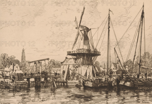 View of Haarlem, 1877, À Haarlem (Hollande), print, printmaker: Maxime François Antoine Lalanne, France, printer (person): François Liénard, Paris, printer (person), paper, etching, intaglio printmaking technique, drypoint, etching with drypoint and plate tone, height 230 mm x width 315 mm, Published in L'Art in 1878., city-view, and landscape with man-made constructions, water course, Haarlem, A detailed pen-and-ink scene shows a waterfront with a large traditional windmill on a raised circular base and long sails, surrounded by buildings with pitched roofs and trees, a bridge structure with supporting beams, several tall masts and rigging from moored boats along the water, reflections rippling on the water surface, and a sky filled with lightly sketched clouds.