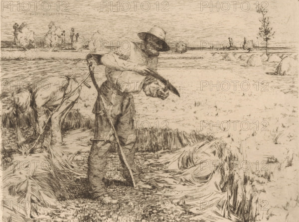 Mowers in the field, print, Top right numbered 1., watermark, printmaker: Jules Bastien-Lepage, France, 1858 - 1884, paper, etching, drypoint, intaglio printmaking technique, height 197 mm x width 262 mm, reaping, picking, mowing, harvest, agricultural implements: scythe, sharpening, grinding (industrial processes), A sepia-toned line drawing shows two figures working in a field. One figure stands near center wearing a wide-brimmed hat and loose clothing, holding a curved tool with both hands and leaning slightly forward. The other figure, positioned to the left and bent over, grasps stalks or bundles near the ground. Bundles of cut vegetation lie around them and short stubble covers the field. In the distant background a flat horizon is visible with scattered bushes and a few tall, thin trees. The sky is filled with horizontal, closely spaced lines. The overall image is rendered with fine, textured strokes and cross-hatching.