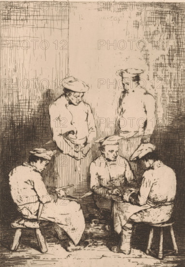 Group of five cooks, three of whom are peeling, Les éplucheurs, Eaux-Fortes Modernes: Originales et Inédites, print, Series number, 25, 60, printmaker: Théodule Augustin Ribot, printer (person): Delâtre, Paris, publisher: Cadart & Luquet, 1862, printer (person), paper, etching, drypoint, intaglio printmaking technique, drypoint and plate tone, height 320 mm x width 236 mm, Part of the first volume of a series of prints by the Société des Aquafortistes from 1862. Plate 25., cook, cleaning (food), A monochrome sketch shows five seated and standing figures wearing simple hats and loose clothing, gathered closely in a small interior space with a textured wall behind them; two figures sit on low stools facing each other while another sits between them, hands engaged in a shared task, and two standing figures look down toward the seated group, one with hands clasped and the other with arms at the sides; the floor beneath them is roughly rendered with scattered marks and small objects, and cr...