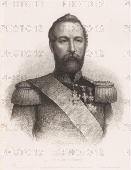 Portrait of Charles V of Sweden, print, printmaker: Pierre Guillaume Metzmacher, France, printer (person): Goupil & Cie., Berlin (state), publisher: Michael Knoedler, New York (city), 1862, printer (person), North America, paper, chine collé, etching, engraving, roulette, engraving and roulette on chine collé, height 288 mm x width 220 mm, Person, Charles XV (King of Sweden and Norway), historical persons, ruler, sovereign, A monochrome engraved portrait of a man shown from the chest up wearing a formal military-style uniform with decorative epaulettes and a sash across his torso, his face framed by a full beard and mustache and his hair combed back, his expression neutral with eyes looking forward, several ornate medals and crosses pinned to his chest, fine crosshatching and stippling used throughout the image to render shading and texture, and a plain background with light toning and some small spots on the paper.