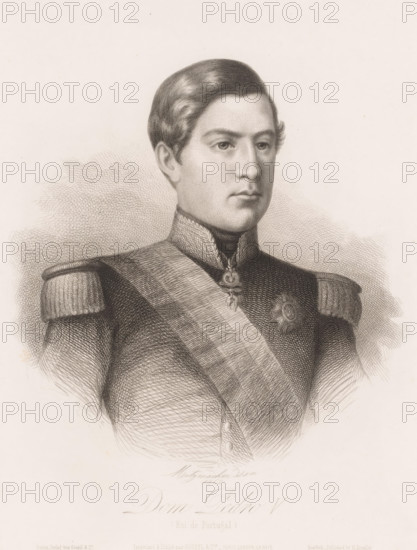 Portrait of Peter V of Portugal, Dom Pedro V, print, printmaker: Pierre Guillaume Metzmacher, printer (person): Goupil & Cie., Berlin (state), publisher: Michael Knoedler, New York (city), 1862, printer (person), North America, paper, chine collé, etching, engraving, etching and engraving on chine collé, height 288 mm x width 222 mm, Person, Peter V (King of Portugal), historical persons, ruler, sovereign, A detailed monochrome engraved portrait of a young man shown from the chest up wearing a formal military-style uniform with decorative shoulder epaulettes and a broad sash across his torso. He has neatly combed hair with a smooth wave and a clean-shaven face with a composed, neutral expression. The uniform collar is high and ornate with a pendant-like decoration at the throat and a star-shaped medal pinned to the chest. The background is plain with subtle cross-hatched shading around the figure.