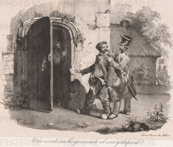 Provost arrests soldier, The Provost, print, A high-ranking officer arrests a scruffy-looking soldier wearing clogs. He escorts him to a tower where two figures are standing in the doorway. Below the image is the soldier's sigh: 'How a civilian is wronged!'. Numbered top right: No. 2., printmaker: Michel Mourot, Den Bosch, after design by Michel Mourot, printer (person): Mourot & Van Lieshout, 1835 - 1838, Michel Mourot, Mourot & Van Lieshout, printer (person), paper, chine collé, lithography, lithography on chine collé, height 310 mm x width 432 mm, military police, provost, arrest, military service, A charcoal or ink scene shows a rounded arched doorway with a partially open dark door and a figure peering out from the shadow inside, a leafy garland around the arch and stone blocks surrounding it; in front of the doorway two uniformed men stand close together, one wearing a tall hat and carrying a sword and satchel, the other with a cap and satchel and exaggerated footwear, a third sm...