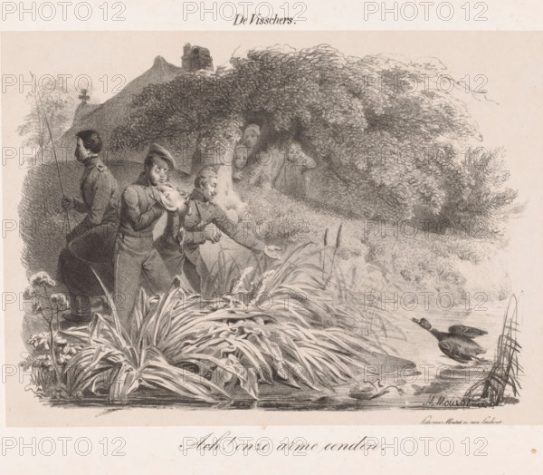 The Fishermen, Soldiers fishing for ducks, print, One of the soldiers is pulling a duck to the shore. The soldier next to him has a dead duck in his hands and is blowing between the feathers to see if it is a good catch. Between the trees, a farmer's wife and two children are watching the scene. Below the image: 'Ah! our poor ducks.', printmaker: Michel Mourot, Den Bosch, after design by Michel Mourot, printer (person): Mourot & Van Lieshout, 1835 - 1838, Michel Mourot, Mourot & Van Lieshout, printer (person), paper, chine collé, lithography, lithography on chine collé, height 310 mm x width 435 mm, water-birds: duck, recreation, the soldier off duty, A grayscale drawing shows a group of young people near a riverside, some seated and some standing, dressed in historical clothing with coats and caps; one person holds a long pole while another appears to hold a bird by its neck, and a dog lies near them. Dense foliage and trees form a large rounded bush behind the group, with distant hil...