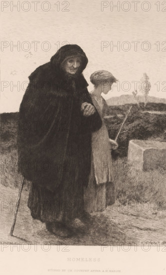 Landscape with a Blind Old Woman and a Young Girl, Homeless, print, printmaker: Charles Courtry, after design by Arthur H. Marsh, publisher: Virtue & Co., London, 1882, paper, etching, intaglio printmaking technique, height 241 mm x width 166 mm, old woman, blind, blindness, An elderly figure wearing a dark hooded cloak and holding a walking stick stands beside a younger person in a lighter dress who holds a slender rod, both shown in profile against a rural landscape with low hills, grass, and a solitary tree, with a rectangular stone block visible nearby.