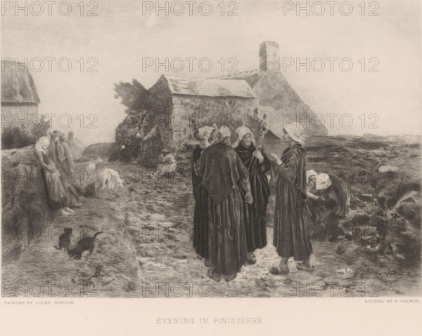 Evening in Finisterre, Country road at night with villagers, print, printmaker: Emile Frédéric Salmon, after painting by Jules Breton, publisher: Virtue & Co., London, 1850 - 1904, paper, etching, intaglio printmaking technique, height 250 mm x width 340 mm, farmers - AA - female farmer, farmer's wife, rural life, spindle, country-house, Galicia, Finisterre, Cabo de, A grayscale scene shows a group of women wearing long dark cloaks and head coverings standing and talking on a rough shoreline path in front of a stone building with a thatched roof and a tall chimney, while other figures sit or lean nearby and a pair of small dark animals move on the ground, with low vegetation and rocky ground extending toward a calm expanse of water under a pale sky.