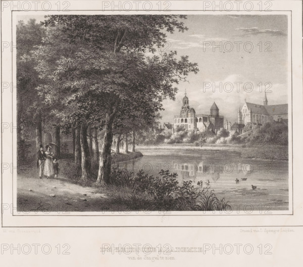 Leidsche Academie, The Leiden Academy seen from the Singel, Views in the surroundings of Leiden, produced at the lithographic printing house of L. Springer in Leiden 1843, print, View of the academy building from the Singel. This print is part of a cover with eight prints., printmaker: Wilhelmus van Groenewoud, Netherlands, printer (person): Leendert Springer (I), Leiden, 1834, printer (person), paper, lithography, lithografie, height 245 mm x width 345 mm, academy, association of artists, canals, waters (in village), A monochrome landscape shows a tree-lined path along a calm body of water with tall leafy trees dominating the left side and their trunks and foliage creating shaded areas; a group of figures stands under the trees, including a woman in a long dress holding an umbrella and children nearby; the water reflects buildings and trees and has several ducks swimming near the foreground; across the water a complex of buildings with varied rooflines, domes, towers, and a tall churc...