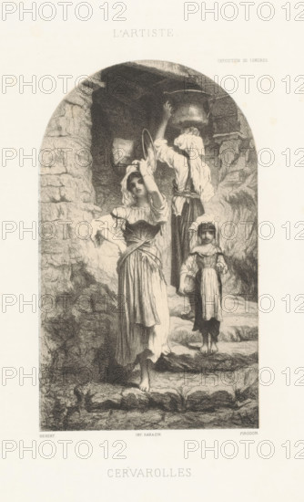 Women carrying tubs on a staircase, Cervarolles, print, printmaker: Eugène Louis Pirodon, after painting by Ernest Antoine Auguste Hébert, printer (person): Sarazin (printer), Paris, 1862, printer (person), paper, chine collé, lithography, height 359 mm x width 274 mm, Print used in: L'Artiste, vol. 1. Print exhibited at the Paris Salon of 1859 and the World Exhibition of 1862 in London., carrying something on the head or on the shoulders, mineral water, A tall arched stone entrance frames three barefoot figures descending uneven stone steps, the central figure in the foreground wearing a long dress with a fitted bodice and a headscarf lifted with one hand, another figure behind her carrying a large pail on the head with a cloth draped over the shoulders, and a smaller child to the side wearing a simple dress and head covering and holding a small vessel, all rendered in muted monochrome shading against rough textured rock walls.