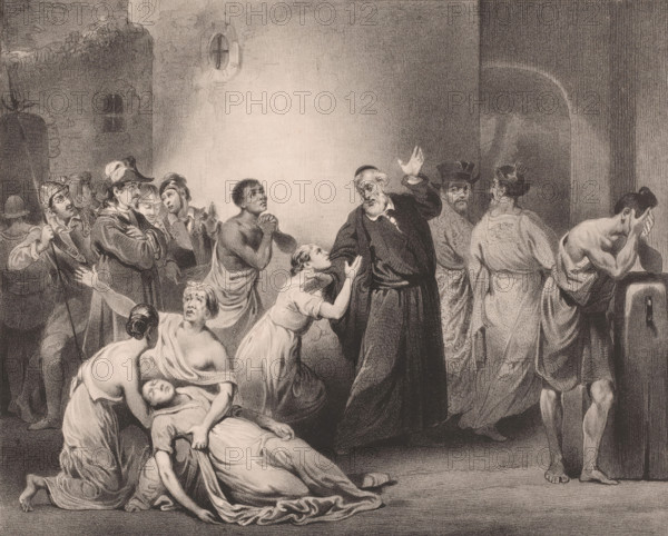 Hambroek, Self-sacrifice of Minister Hambroeck on Formosa, 1662, print, Minister Hambroeck leaves Formosa (Taiwan) on May 24, 1661 and bids farewell to his daughters. On the left, the Dutch entrenched in Fort Zeelandia. On the right some of the Chinese companions., : 'Deposited', printmaker: Carel Christiaan Antony Last, after design by Jan Willem Pieneman, printer (person): Hilmar Johannes Backer, Dordrecht, publisher: Soetens & Fils, The Hague, 1837 - 1840, printer (person), paper, lithography, height 315 mm x width 440 mm, Person, Antonius Hambroeck, waving farewell, departure on a journey, father and daughter(s) (family group), Self-sacrifice of preacher Hambroeck on Formosa, Formosa, Fort Zeelandia (Taiwan), A charcoal-toned scene shows a group of people gathered in an interior space with rough stone walls and small barred windows, several figures clustered on the left wearing period clothing and helmets while a bearded man in dark robes stands center with one hand raised and anot...
