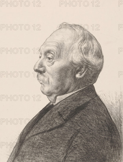 Blussé, Portrait of an unknown man named Blussé, print, Possibly a portrait of the politician Pieter Lodewijk Frans Blussé (1819-1908). Printed below the image is: produced at the request of his admirers and friends by HJ Haverman., printmaker: Hendrik Johannes Haverman, 1901, paper, chine collé, lithography, letterpress printing, lithography and book printing, height 621 mm x width 441 mm, historical persons, A detailed pencil portrait of an older man shown in profile facing left, with a receding hairline and neatly combed hair, pronounced brow and nose, drooping eyelids, a mustache, and visible facial wrinkles; he wears a dark textured coat and a light collar, and the background is plain and light.