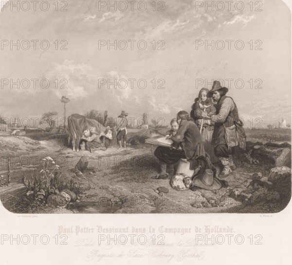 Paulus Potter sketching in the countryside, Paul Potter Dessinant dans la Campagne de Hollande, print, Landscape with a sketching man, next to him a child, a man and a woman with a child in her arms., printmaker: Alfred Revel, after painting by Eugène Modeste Edmond Lepoittevin, printer (person): Bougeard, publisher: Henry Gache, dedicated to: Clémentine of Orleans, 1765 - 1865, printer (person), paper, etching, engraving, height 348 mm x width 408 mm, milking, artist (in general) making preliminary designs, sketching - BB - out of doors, A wide rural scene rendered in a detailed monochrome engraving shows a group of figures in the foreground near a dirt path and low marshy ground. A seated figure leans over a sketchbook while another figure kneels beside them, a small child nearby and an older man standing close with a hat and cloak holding a staff. A woman holds an infant and a dog rests curled on the ground beside a hat and a small vessel. To the left, a cow stands over a child who ...