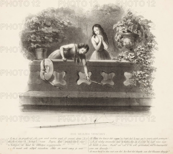 Two fishing girls, How girls fish, print, A girl fishes the fallen fishing rod of a second girl out of the water with her rod., printmaker: Alexander Ver Huell, Netherlands, 1832 - 1897, paper, lithography, lithografie, height 230 mm x width 264 mm, girl (child between toddler and youth), fishing (sports), A monochrome drawing shows two young girls leaning over a stone balustrade above water; one girl bends forward reaching down with a long slender rod while the other stands slightly behind with hands clasped near her face. A wide-brimmed hat with a ribbon hangs from the balustrade near the reaching girl. Potted foliage and a large ornate planter with trailing leaves flank the scene on either side of the girls, and dense leafy trees form a shaded background. The balustrade has decorative cutouts, and the water below reflects the rod and a small hooked line. The drawing is detailed with soft shading and fine pencil or charcoal strokes.