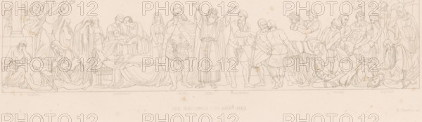 Depiction from Der Ring des Nibelungen, Four scenes from Der Ring des Nibelungen, print, printmaker: Hermann Schütz, after design by Julius Schnorr von Carolsfeld, 1853 - 1869, paper, etching, height 134 mm x width 418 mm, Person, Richard Wagner, 'Nibelungenlied', A wide, horizontal line drawing shows a long procession of figures arrayed across a pale background, with seated and standing people in flowing robes and tunics, some wearing crowns or helmets, many with long hair and beards, and several figures gesturing or reaching out; toward the left a reclining figure lies on a low platform attended by others who kneel and bend over, while farther left groups of standing women with veils and drapery cluster near a column; near the center a crowned man raises both arms beside another figure with a sword at his side and a cloaked figure with a hand to his face; to the right a pair of muscular men interact closely while more figures carry or support a fallen person and a seated man cradles ...