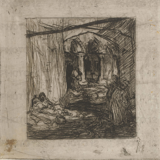 Rag pickers, print, Figures in Oriental clothing on a street, including a reclining man., printmaker: Marius Bauer, 1888, paper, etching, intaglio printmaking technique, etching with plate tone, height 168 mm x width 168 mm, merchant, salesman, textile fabric, cloth, A rectangular etched scene occupies the center of a worn, light-colored sheet, rendered with dense dark lines and crosshatching; within the scene an arched doorway or passage is framed by vertical and curved architectural lines, and figures with draped clothing and indistinct features stand and sit near the entrance and inside the passage; the foreground shows textured ground and a seated figure leaning with limbs bent, while another cloaked figure faces inward; strong diagonal and horizontal hatch marks create shadowed areas above and to the sides of the arch, and the surrounding paper shows smudges, scratches, spots, and faint stains.
