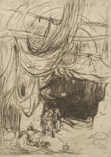 Bazaar with three men, print, A bazaar with three men in oriental clothing, one of whom is kneeling., printmaker: Marius Bauer, 1889, paper, etching, intaglio printmaking technique, etching with plate tone, height 228 mm x width 166 mm, market, An etching-like scene rendered in fine dark lines on a light background shows large sweeping curved forms resembling draped fabric or flowing hair occupying the upper area, with many parallel and overlapping strokes creating texture; beneath these forms a dense dark shaded mass contrasts with lighter areas, and near its lower edge two small standing figures in long coats face forward, rendered with sketchy detail; to the left a crouched animal figure lies on the ground with curved back and head lowered, surrounded by scattered linear marks suggesting grass or ground texture; various thin linear strokes and crosshatching fill the background and margins, with oval and circular contour shapes and knot-like wood grain patterns visible along the left...