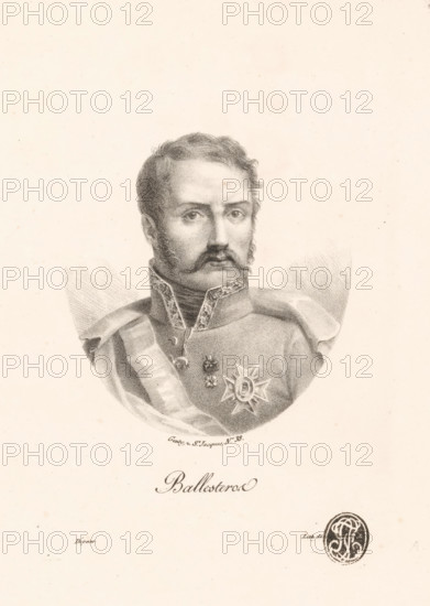 Ballesteros, Portrait of the Spanish general Francisco Ballesteros, print, Series number, 38, stamp: 'JC (?)', printmaker: A. Cheyère, Paris, publisher: Jean Baptiste Genty, 1823, printer (person), paper, lithography, height 344 mm x width 270 mm, Person, Francisco Ballesteros, historical persons, A monochrome portrait drawing of a man shown from the chest up wearing a military uniform with a high collar and decorative trim, a sash across his shoulder, an ornate star-shaped medal on his chest, and a small pendant; he has short curly hair, prominent sideburns and a mustache, and a serious facial expression, with soft shading around his shoulders and a blank light background.