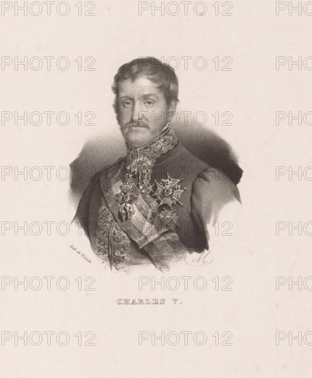 Charles V, Portrait of Carlos María Isidro Benito de Borbón y Borbón-Parma, print, printmaker: Nicolas Maurin, printer (person): François Jean Villain, Paris, 1835, printer (person), paper, lithography, height 362 mm x width 267 mm, Person, Carlos María Isidro Benito de Borbón y Borbón-Parma, historical persons, politician, eg party leader, A monochrome portrait of a man shown from the chest up wearing an ornate uniform with decorative embroidery and medals across his chest and a patterned sash, his hair is short and wavy with sideburns and a mustache, his expression is neutral and he faces forward, the background is plain with subtle shading behind his head and shoulders.