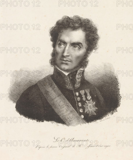 Le cte. d'Amarante, d'après le design original de Mr. ....officer d'etat major, Portrait of Francisco Silveira, Count of Amarante, print, printmaker, after drawing by, printer (person), Paris, unknown, paper, lithography, lithography with planing technique, height 357 mm x width 274 mm, Person, Francisco Silveira (Count of Amarante), historical persons, A black and white drawn portrait of a man shown from the chest upward wearing a dark uniform with a decorative sash across his torso and a row of medals on his chest, his head turned slightly to his left with curly hair and prominent sideburns, a high collar with ornate trim, and a softly shaded background.