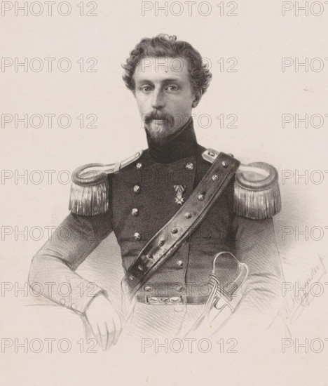 Portrait of Lambertus Zegers Veeckens, print, The sitter wears a military uniform with a bandolier and a saber., printmaker: Johan Hendrik Hoffmeister, Netherlands, printer (person): Koninklijke Steendrukkerij van E. Spanier, The Hague, 1853, printer (person), paper, chine collé, lithography, lithography on chine collé, height 455 mm x width 305 mm, historical persons ((full) bust portrait), hacking and thrusting weapons (with NAME), shoulder-belt, bandolier, A monochrome portrait drawing of a man shown from the waist up wearing a dark military uniform with a high collar and decorative shoulder epaulettes with fringes, a diagonal leather strap across his chest with metal studs, a belt with a decorative buckle, and a sword hilt visible at his side; he has curly hair, a mustache and goatee, a calm facial expression, and his right arm rests on a surface while his left hand is near the sword.