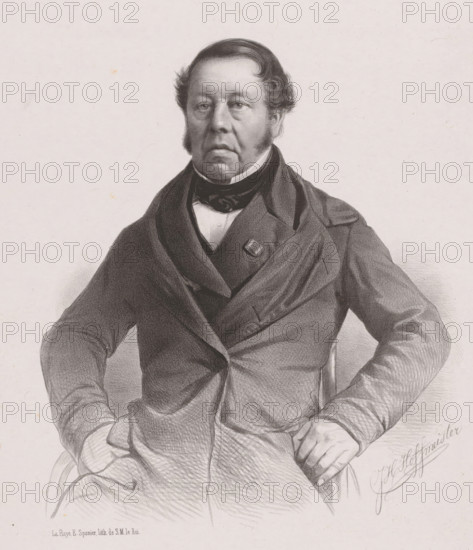 Portrait of Hendrik Jacob Taets van Amerongen, print, printmaker: Johan Hendrik Hoffmeister, Netherlands, printer (person): Elias Spanier, The Hague, 1843 - 1863, printer (person), paper, chine collé, lithography, lithography on chine collé, height 440 mm x width 292 mm, historical persons (half-length portrait), A grayscale portrait drawing of a seated man shown from the waist up wearing a dark double-breasted coat with wide lapels and a high-collared shirt with a dark cravat, his hair is short and wavy with sideburns, his hands rest on his hips and the chair arms, and faint artist signature and small printed line appear near the lower edges.