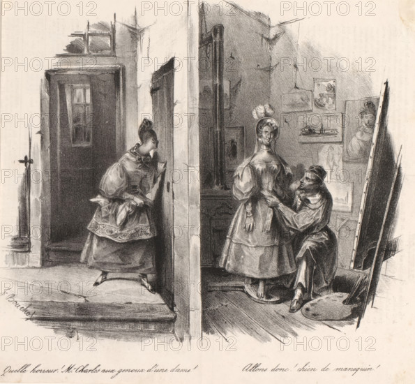 Quelle horreur! Mr. Charles aux genoux d'une dame!, Young woman spies on a painter in his studio, Espionage, Le voisinage, cartoon, print, A young woman peeks through the cracks in the door of Mr. Charles's painter's studio. The painter ties a belt around the waist of a mannequin, but the voyeur thinks it is a live model and denounces it., printmaker: Frédéric Bouchot, Paris, publisher: Aubert & Cie., 1832, Frédéric Bouchot, Aubert & Cie., printmaker, publisher, paper, lithography, lithografie, height 226 mm x width 245 mm, painter at work, in his studio, relations between the sexes, spying on someone, model, mannequin (dressing, putting on clothes), A monochrome drawing shows an interior divided by a central vertical wall; on the left side a woman in a dress with patterned trim leans toward a doorway, one hand on the wall and the other holding something near her face, while a small window and a darkened room are visible behind her; on the right side a seated man kneels beside a standi...