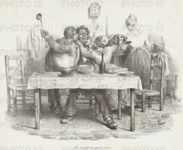 La soupe avant tout, Man at the table is embraced by two children while woman stands at the counter, print, printmaker: Edme Jean Pigal, printer (person): Jean François Benard, Paris, publisher: Aubert & Cie., 1833-03-04, printer (person), paper, lithography, letterpress printing, lithography with letterpress text on verso, height 215 mm x width 263 mm, A pencil drawing of a kitchen scene showing three people seated closely at a table with a tablecloth, plates stacked, a bowl, a bottle, and a loaf of bread on the table; two seated figures reach toward a central seated figure, one with an arm around the central figure's neck and the other holding a ladle-like spoon, while a standing figure with a headscarf faces away near a stove or large pot and holds a pan; simple wooden chairs flank the table, a tall clock is mounted on the wall behind the group, and the floor shows textured lines and cracks.