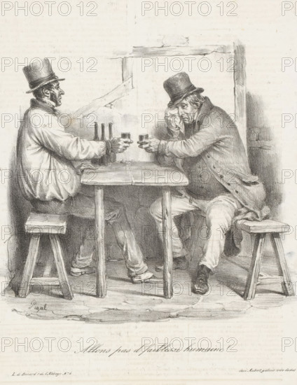 Allons pas d'faiblesse humaine!, Two sad-looking men have a drink, print, printmaker: Edme Jean Pigal, printer (person): Jean François Benard, Paris, publisher: Aubert & Cie., 1833-04-27, Edme Jean Pigal, Jean François Benard, Aubert & Cie., printmaker, printer (person), publisher, paper, lithography, letterpress printing, lithography with letterpress text on verso, height 248 mm x width 192 mm, A black and white drawing of two men seated at a wooden table facing each other, each wearing a tall hat and holding a small glass, with several bottles on the table between them; one man on the left sits upright on a simple stool and wears a light-colored coat, while the man on the right leans on the table with his head supported by his hand and wears a darker coat with visible buttons and a pocket flap, his legs crossed under the table; the setting shows rough wooden furniture and a plain wall behind them with a window-like opening, and the scene is rendered with detailed shading and pencil s...