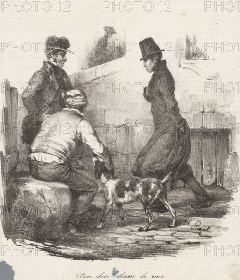 Street scene with three men and a dog, Bon chien chasse de race, Scènes familières, Recognizable scenes, print, printmaker: Edme Jean Pigal, printer (person): Jean François Benard, Paris, publisher: Aubert & Cie., 1833-04-17, printer (person), paper, lithography, letterpress printing, lithography with letterpress text on verso, height 230 mm x width 198 mm, A black and white sketch shows three people and a dog in a rough interior setting with a stone or brick wall. One person faces left wearing a textured coat and a cap with a brim, standing near a low ledge; another person is seated on a large sack or cushion, viewed from behind with a cap and vest, leaning forward; a third person stands facing the seated figure, wearing a long dark coat and a tall hat, with hands clasped behind the back. A dog with a mottled coat stands on the floor between the figures, oriented toward the seated person. The wall behind them has a small recessed opening with a partial figure visible within it and fai...