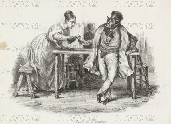 Verse à ce maître, Woman filling a man's glass with a bottle, Scènes familières, Recognizable scenes, print, printmaker: Edme Jean Pigal, printer (person): Jean François Benard (possibly), Paris, publisher: Aubert & Cie., 1833-03-19, Edme Jean Pigal, Jean François Benard, Aubert & Cie., printmaker, printer (person), publisher, paper, lithography, letterpress printing, lithography with text in letterpress on verso, height 195 mm x width 263 mm, A black and white drawing shows a woman leaning over a wooden table to pour a drink from a bottle into a small glass held by a man. The woman wears a long dress with puffed sleeves and her hair is styled in an updo; she leans with one hand on the table and the other holding the bottle. The man stands with one leg crossed in front of the other, wearing a long coat draped over his shoulders, a vest, fitted trousers, and a hat with a textured brim; he holds the small glass in one hand and rests his other hand on a stool. The scene includes simple wo...