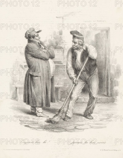 Man greets a one-armed street sweeper, Toujours bon là! Jamais les bras croisés, Recognizable scenes, Scènes familières, print, Series number, 14, printmaker: Edme Jean Pigal, printer (person): Jean François Benard, Paris, publisher: Aubert & Cie., 1833-02-21, printer (person), paper, lithography, letterpress printing, lithography with letterpress text on verso, height 281 mm x width 211 mm, A grayscale drawing shows two men standing on a paved surface in front of a doorway and a low wall with a planter. One man wears a long coat with folded arms, a cap with a brim, and ankle-high boots, facing slightly toward the other man with a neutral expression. The other man leans forward while holding a long-handled broom, wearing a vest over a shirt, loose trousers, and a soft cap, with visible facial hair and a focused posture. Background details include a partially open door, a raised ledge with foliage, and shaded stone or brickwork.