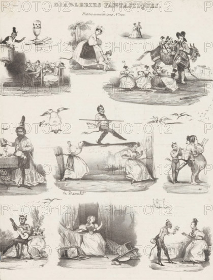Fourteen depictions with devils, Incredible devilish tricks, Small and varied scenes by Aubert, Petites macédoines d'Aubert, Fantastical devils, cartoon, print, Series number, 100, printmaker: Charles Ramelet, publisher: Aubert & Cie., Paris, 1833, Charles Ramelet, Aubert & Cie., printmaker, publisher, paper, lithography, letterpress printing, lithography with text in letterpress on verso, height 298 mm x width 230 mm, A sheet filled with small detailed black and white engravings showing various human and animal figures in different scenes, including a woman bending over a small animal, a group of seated women with covered faces, a man balancing on a pole, a drummer leading a donkey carrying passengers, couples dancing, women in full skirts holding hands, a musician seated with a guitar-like instrument, a woman in a bedchamber gesturing from a curtained bed, and a scene of a devilish figure presenting a flower to a seated woman, with additional small floating objects and birds scattere...