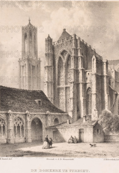 The Dom Church in Utrecht, Dom Church and Dom Tower in Utrecht, print, Several figures are walking in front of the church., printmaker: Johannes Hilverdink, after design by Everhardus Koster, printer (person): Jan Dam Steuerwald, Amsterdam, 1858, printer (person), paper, tone lithography, tone lithography in black with tone block in beige, height 246 mm x width 190 mm, This print is from: Koster, E. 'E. Koster's sketchbook: Dutch City and Harbor Views, published with the cooperation of the society Arti et Amicitiae, F. Buffa and Son, et al. Amsterdam 1858., church (exterior), parts of church exterior and annexes: tower, Utrecht, Dom van Utrecht, Domtoren, A detailed pencil or charcoal drawing of a large Gothic cathedral exterior showing tall pointed arches, ornate buttresses, slender vertical windows with tracery, and a high square tower rising beside the main structure; in front of the cathedral a smaller building with a tiled roof and an open arcade with rounded arches is visible, an...