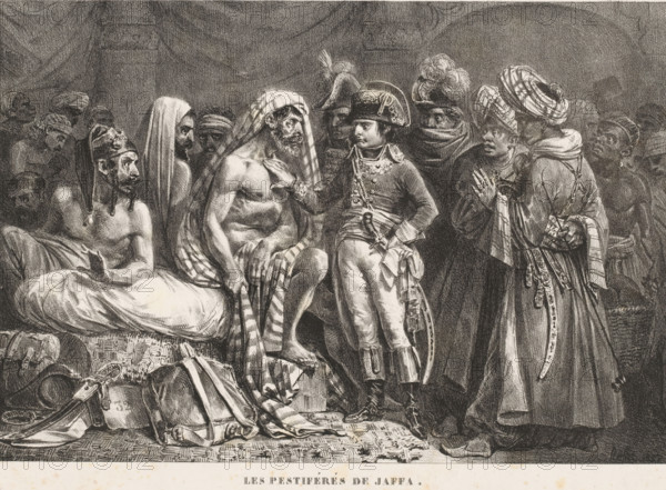 Les pestiférés de Jaffa, Napoleon visits the sick in the plague house in Jaffa, Histoire de Napoléon, Story of Napoleon, print, printmaker: Denis Auguste Marie Raffet, 1827, paper, lithography, lithography with planing technique, height 252 mm x width 347 mm, Twenty-first print in the series of twenty-five prints., Person, Napoleon I (Emperor of the French), visiting the sick, sick person together with others, plague, Ottoman Empire, Jaffa, A crowded monochrome scene showing a group of men in varied headwear gathered closely together, with a central figure in a decorated military uniform and bicorn hat standing facing a seated bare-chested man draped in striped cloth over his head and shoulders. Around them are men wearing turbans, wrapped cloths, and helmets with plumes, some with covered faces and others showing expressive faces looking toward the center. The seated man rests one hand on his chest while the uniformed man holds a sheathed sword at his waist and wears detailed buttons ...