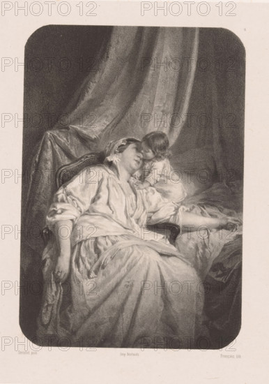 Mother with small child kissing her, La mère et l'enfant, print, Series number, 15, 24, printmaker: François-Louis Français, after painting by Louis Charles Auguste Steinheil, printer (person): Victor Jacques Bertauts, Paris, 1850 - 1851, François-Louis Français, Louis Charles Auguste Steinheil, Victor Jacques Bertauts, printmaker, after painting by, printer (person), paper, chine collé, lithography, height 447 mm x width 317 mm, Print used for: Les Artistes anciens et moderns, 1850-1851., embracing each other, kissing, mother and baby or young child, mother and child(ren), woman and child(ren) (family group) (with NUMBER of children), A monochrome illustration shows a seated woman in loose flowing garments and a head covering reclining against a cushioned, carved-backed chair with draped fabric behind her, her head tilted and eyes closed while a small child leans toward her face with one hand resting near her chest and the other on the cushion beside them, the scene framed by rounded ...