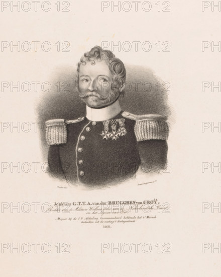 Portrait of GTTA van der Brugghen van Croy, print, The sitter wears a military uniform with epaulets and knightly orders., printmaker: GM Heaton, printer (person): Desguerrois & Co., Amsterdam, 1831, printer (person), paper, lithography, height 355 mm x width 255 mm, Person, Brugghen van Croij, Jonkheer GTTA van der, historical persons ((full) bust portrait), A monochrome lithographic portrait of a man shown from the chest up wearing a dark military uniform with decorative shoulder epaulettes and a high white collar; he has curled hair, a curled mustache and sideburns, and a composed facial expression, with several ornate medals on his chest and a softly shaded background around his head and shoulders.