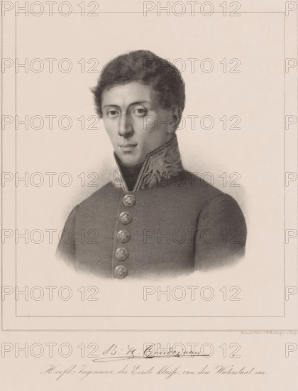 Portrait of Bernard Herman Goudriaan, print, The sitter wears a gala costume with a standing collar. Below the portrait are his signature and profession., inscription: 'H. Michaël lithographieé', printmaker: Hendrikus Michael, printer (person): Royal Dutch Lithographic Printing House of CW Mieling, The Hague, 1847 - c. 1865, printer (person), paper, chine collé, lithography, lithography on chine collé, height 545 mm x width 360 mm, Person, Bernard Herman Goudriaan, historical persons ((full) bust portrait), A monochrome portrait of a young man shown from the chest up wearing a high-collared uniform with ornate embroidery on the collar and a row of decorative buttons down the front; he has short, wavy dark hair and a clean-shaven face with a calm, neutral expression, and the image is framed by a rectangular border on a plain, light background.