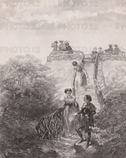 Belvedere, print, A group of men and women enjoys the view. A woman climbs the stairs while a man and a woman have almost arrived at the bottom., inscription: 'Epreuve', inscription: 'Ch. Rochussen pinxt. HAC Dekker Lith', printmaker: Hendrik Adriaan Christiaan Dekker, Amsterdam, after design by Charles Rochussen, 1846 - 1905, paper, chine collé, lithography, lithography on chine collé, proof print, height 350 mm x width 270 mm, flight of steps, A monochrome illustration shows a winding wooden staircase or bridge rising from a wooded area toward a viewing platform with a railing. Figures in period clothing occupy the scene: a woman in a dress descends the stairs holding the railing, a couple further down the path face each other with the man offering his hand while holding a hat, and a woman sits nearby on the path. On the upper platform several figures stand or lean against the railing, some wearing hats and one holding a parasol. Trees and dense foliage fill the left and lower areas,...