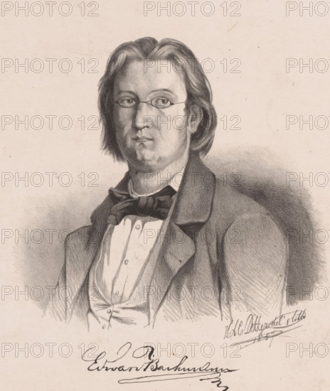 Portrait of E. van Bachmann, print, The sitter wears a knotted tie and glasses. His signature is below the portrait., printmaker: Hendrik Adriaan Christiaan Dekker, Amsterdam, 1846 - 1905, paper, chine collé, lithography, lithography on chine collé, height 368 mm x width 275 mm, historical persons ((full) bust portrait), eyeglasses, spectacles, A charcoal or pencil portrait of a seated man shown from the waist up, with shoulder-length hair parted in the middle and wearing small round spectacles, a collared shirt, a bow tied at the neck, a waistcoat, and a jacket; his face is rendered with shading and fine lines, his expression neutral, and the background is a lightly textured plain surface with subtle shading behind him.
