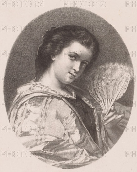 Woman with fan, print, The woman is seated facing right and has her head slightly bowed. In her left hand she holds a fan aloft., printmaker: Hendrik Adriaan Christiaan Dekker, Amsterdam, after design by JW Martens, printer (person): Royal Dutch Lithographic Printing House of CW Mieling, The Hague, 1846 - 1905, printer (person), paper, chine collé, lithography, lithography on chine collé, proof print, height 380 mm x width 270 mm, fan, A charcoal or pencil portrait of a young person shown from the chest up within an oval frame, with dark wavy hair pulled back and a soft, shaded face turned slightly toward the viewer, wearing a loose, flowing garment with visible folds and ruffled trim at the neckline, and holding a decorative folding fan with textured, feathery detailing and a visible hand grasping its sticks.