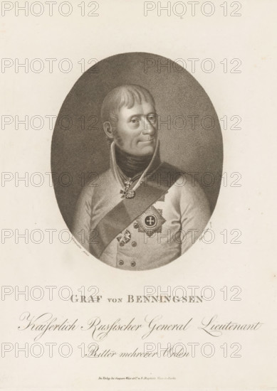 Portrait of Levin August Gottlieb Graf von Bennigsen, print, printmaker: Meno Haas, after painting by Carl Gottlob Schmeidler, publisher: Weiss & Co., Baptista and Gaspare, Berlin, 1762 - 1826, Baptista en Gaspare, paper, stippelwerk, height 277 mm x width 209 mm, Person, Levin August Gottlieb Graf von Bennigsen, historical persons, medals and other marks of military honor, knighthood order, An oval portrait of a man shown from the chest up, rendered in a stippled monochrome technique, with short hair and sideburns, a high collar around his neck, and a composed facial expression, wearing a uniform decorated with a sash across his chest and several star-shaped and cross-shaped medals pinned to his clothing, the oval image set against a plain light background with decorative script visible below the portrait.