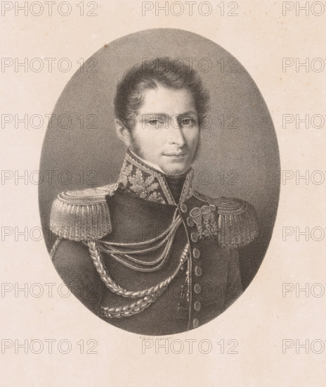 Portrait of Antoine-Henri Jomini, print, printer (person): Gottfried Engelmann, Paris, 1816 - 1839, printmaker, printer (person), paper, lithography, height 454 mm x width 293 mm, Person, Antoine-Henri baron Jomini, historical persons, A monochrome oval portrait of a man shown from the chest up wearing a dark, ornate military uniform with braided cords draped across the front and decorative epaulettes on the shoulders; he has short, wavy hair, sideburns, and a composed facial expression with eyes looking slightly toward the viewer, and the background inside the oval is a textured dark tone contrasting with the lighter surrounding paper.
