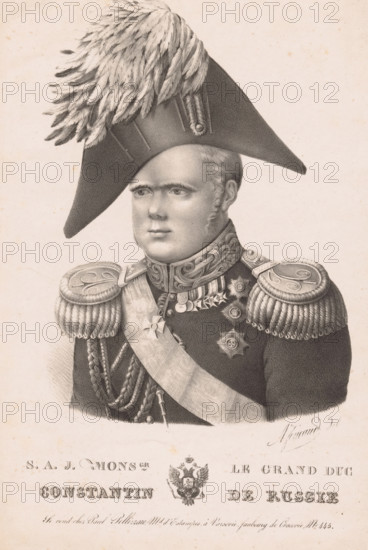 SAJ mons.gr le grand duc Constantin de Russie, Portrait of Constantine Pavlovich of Russia, print, printmaker: Auguste Foucaud, printer (person): Pierre François Ducarme, Paris, publisher: Paul Pellizzaro, Warsaw, 1825, printer (person), Mazowieckie, paper, lithography, height 340 mm x width 226 mm, Person, Constantine Pavlovich of Russia, historical persons, A monochrome portrait of a man shown from the chest up wearing an ornate military uniform and a large bicorne hat decorated with a plume of feathers; his face is round with short hair and sideburns, and he has a neutral expression while looking slightly to his left; the high collar of his uniform is richly embroidered, and he wears braided shoulder epaulettes, a sash across his chest, multiple medals and star-shaped orders pinned to his chest, and braided cords draping from his shoulder; the background is plain and the image has an aged, textured paper appearance.