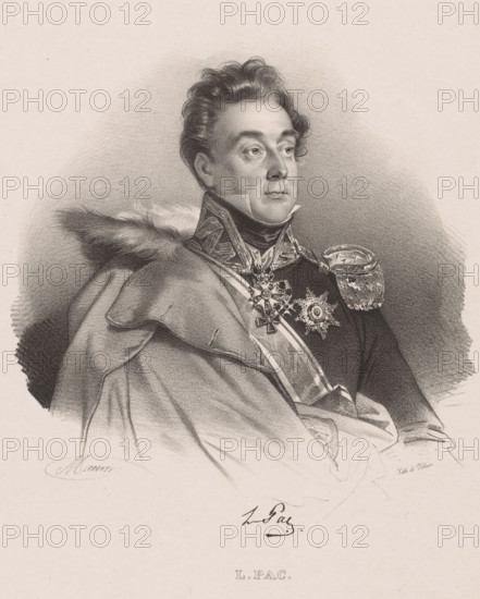 Portrait of Michal Ludwik Pac, L. Pac, print, printmaker: Nicolas Maurin, printer (person): François Jean Villain, Paris, 1830 - 1852, printer (person), paper, chine collé, lithography, height 439 mm x width 305 mm, Person, Michal Ludwik Pac, historical persons, commander-in-chief, general, marshal, A monochrome portrait of a man shown from the chest up wearing a high-collared uniform with ornate braiding and decorative medals pinned to his chest, a fur-trimmed cloak draped over one shoulder, wavy hair styled back from his forehead, and a composed facial expression with eyes looking slightly upward and to the side, set against a softly shaded background.