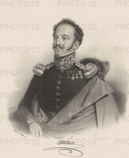 Portrait of Jan Nepomucen Uminski, Uminski, print, printmaker: Pierre Roch Vigneron, printer (person): François Jean Villain, Paris, 1818 - 1852, printer (person), paper, chine collé, lithography, height 512 mm x width 363 mm, Person, Jan Nepomucen Uminski, historical persons, A monochrome portrait of a man shown from the waist up wearing a decorated military uniform with ornate shoulder epaulettes and a high collar, a sash draped across his chest, a cloak over one shoulder, a hand resting on his abdomen, a curled mustache and sideburns, and a short curly hairstyle, with medal-like decorations visible on his chest and a softly shaded background.