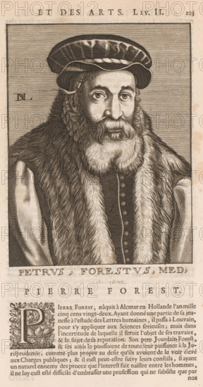 Petrus, Forestus, Med, Portrait of Pieter van Foreest, print, book illustration, printmaker: Nicolas de Larmessin (I), publisher: François Foppens, Brussels, 1682, paper, engraving, letterpress printing, text in letterpress, height 186 mm x width 136 mm, height 320 mm x width 200 mm, Print used for: Bullart, Isaac. Académie des Sciences et Arts contenant les vie et éloges his. the people's illustrations show their excellence and their professions in their environment throughout their lives. Brussels: François Foppens, 1682. The book was also published in Amsterdam in 1682 by the heirs of Daniel Elzevier. Each portrait is an illustration accompanying the biography of an artist or scholar. Most of the portraits were produced by Nicolas de Larmessin (162), 93 by De Boulonois and a third by unidentified printmakers. This concerns an illustration on p. 103, part II., Person, Pieter van Foreest, historical persons, physician, doctor, A monochrome engraving of an older man shown from the ches...