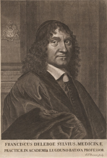 Franciscus Deleboe Sylvius, medicinae, Portrait of Franciscus de le Boë Sylvius at the age of 45, print, book illustration, printmaker: Jacques Louis Durant, France, publisher: Samuelem de Tournes, Geneva, 1659, paper, engraving, intaglio printmaking technique, height 286 mm x width 195 mm, A sepia-toned engraved portrait of a man shown from the torso up, turned slightly to his right while facing the viewer, with long wavy hair falling to his shoulders and a small mustache and pointed beard; he wears a dark voluminous cloak with visible flowing folds over a buttoned garment and a white collar with a decorative circular ornament at the throat; the background features a textured wall and a vertical architectural element at the left with a carved emblem above a ledge; the lower edge of the image contains a wide blank band.