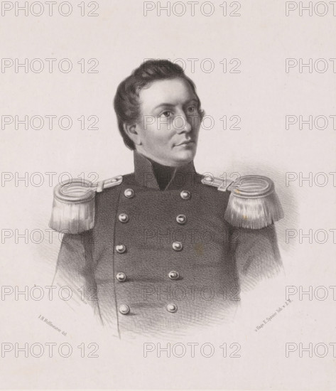 Portrait of PCL Eikendal, print, printmaker: Johan Hendrik Hoffmeister, Netherlands, printer (person): Koninklijke Steendrukkerij van E. Spanier, The Hague, c. 1851 - c. 1883, printer (person), paper, chine collé, lithography, lithography on chine collé, height 355 mm x width 275 mm, historical persons ((full) bust portrait), A monochrome portrait of a person shown from the chest up wearing a dark double-breasted military-style coat with prominent rounded buttons and high collar, shoulder epaulettes with fringe, short wavy hair combed back, a neutral facial expression with eyes looking slightly to the side, and soft shading and crosshatching used to render the face and uniform against a plain light background.