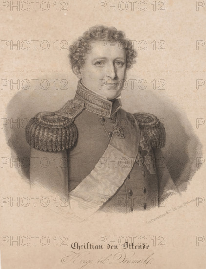 Portrait of King Christian VIII, print, inscription: 'Em Baerentzen. fec.', inscription: 'Christian den Ottende, Konge til Danmark.', inscription: 'Em. Baerentzen & Co. lith.Inst. Kjöbenhavn', printmaker: Emilius Ditlev Baerentzen, printer (person): Baerentzen & Co., Em., Copenhagen (city), in or after 1837 - in or before 1868, printer (person), paper, lithography, height 296 mm x width 221 mm, Person, Christian VIII (king of Denmark), historical persons, A monochrome portrait of a man shown from the waist up wearing a formal military uniform with braided shoulder epaulettes and a wide sash across his chest. He has short curly hair and a calm facial expression, with detailed shading on his face and clothing. Decorative braiding is visible on his collar and shoulder straps, and several medals hang from his chest. The background is plain with soft shading around the figure and the image has an aged paper texture.