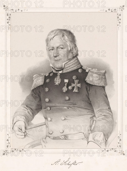 Portrait of Andreas Schifter, print, inscription: 'CA Jensen pinx.', inscription: 'Em. Baerentzen & Co lith.Inst.', inscription: 'A. Schifter.', printmaker: Emilius Ditlev Baerentzen, printer (person): Baerentzen & Co., Em., Copenhagen (city), after painting by Christian Albrecht Jensen, 1846, printer (person), paper, chine collé, lithography, lithography on chine collé, height 358 mm x width 272 mm, height 229 mm x width 177 mm, A portrait painting of Schifter by CA Jensen from 1845 existed, but it was burned in Frederiksborg Castle in 1859. The painting was reproduced in lithography by Em. Bærentzen & Co. in 1846., Person, Andreas Schifter, historical persons, A monochrome portrait of an older man seated, shown from the waist up, wearing a formal military uniform with braided shoulder epaulettes and decorative collar embroidery, his hair short and swept back with sideburns, his face turned slightly to one side with a neutral expression, multiple decorative medals pinned to his chest ...